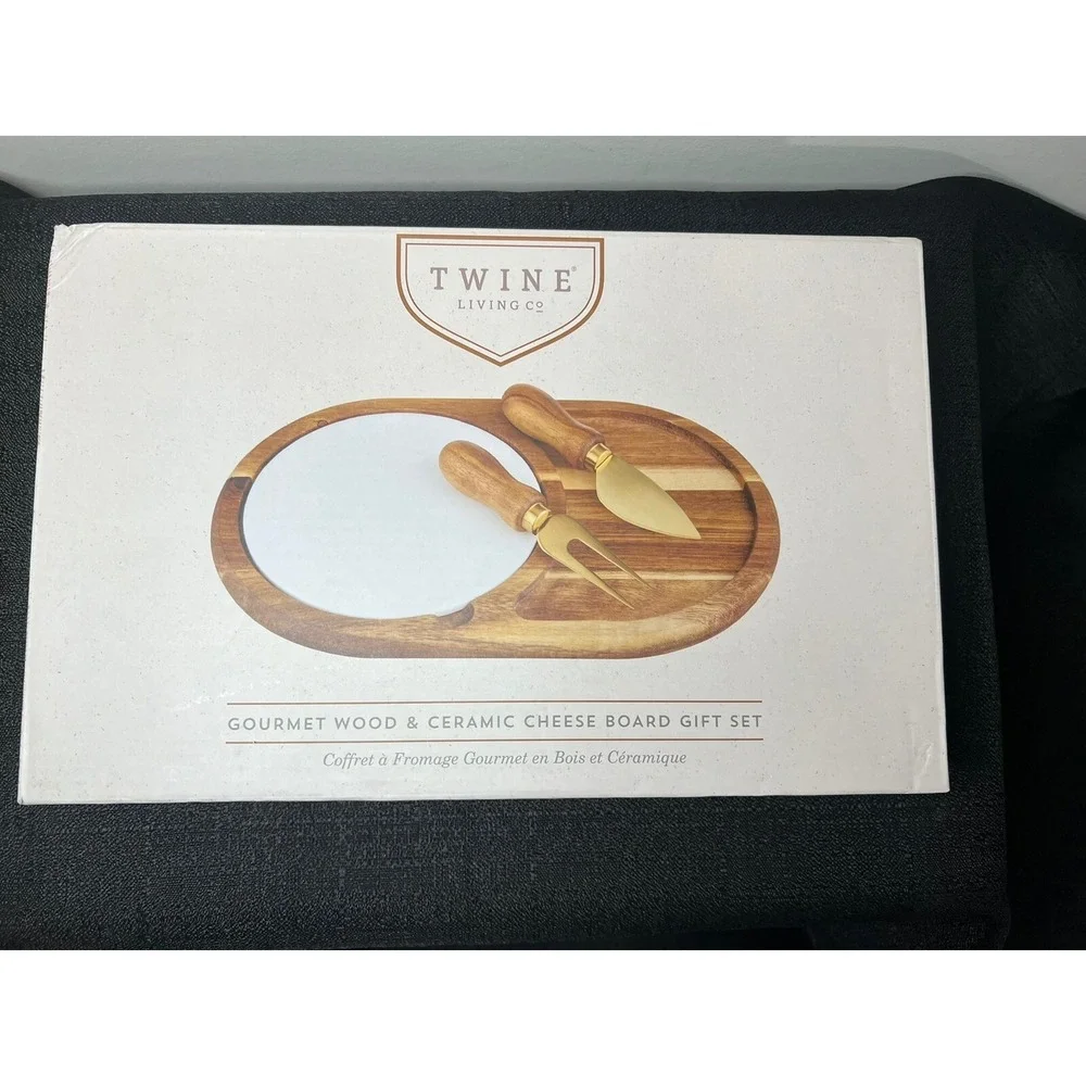 Twine Living Wood Ceramic Cheese Board Set Gold Knives Acacia Wood Charcuterie